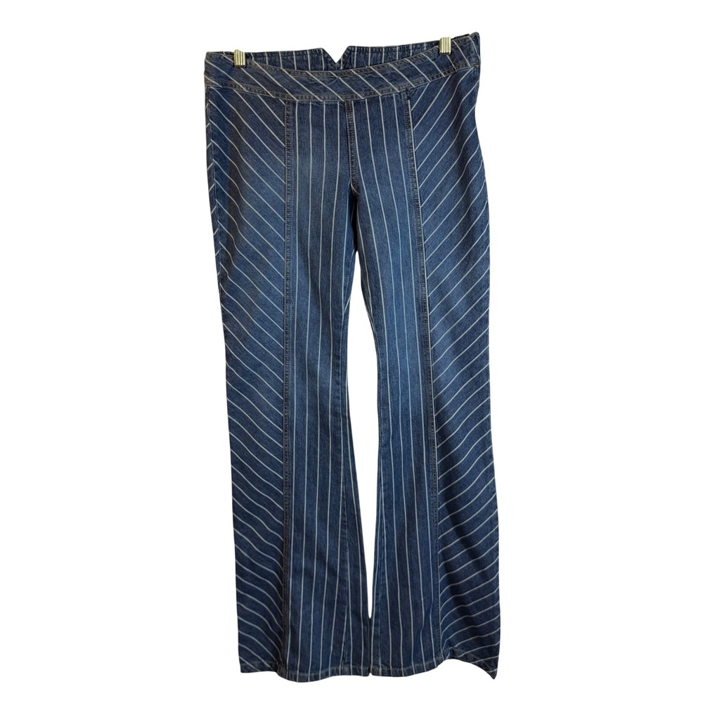 Vtg Bershka Jeans Women 40 US 8 Blue Pinstripe Wide Leg Low Rise Long Inseam